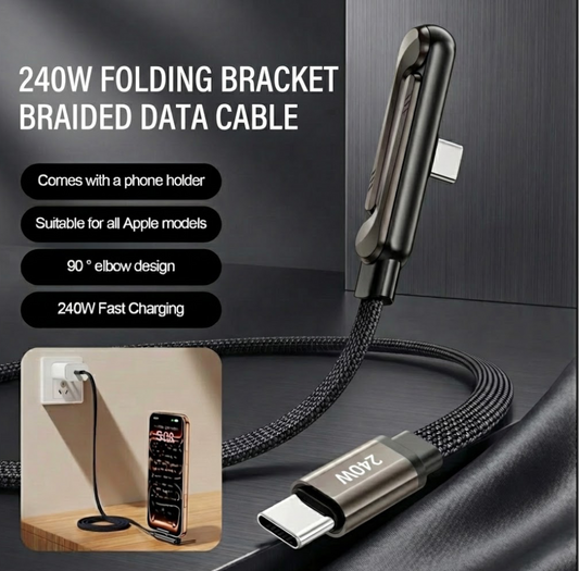 240W Braided Fast Charge Cable with Built-In Phone Stand, 2-In-1 Invisible Holder Charger Cable